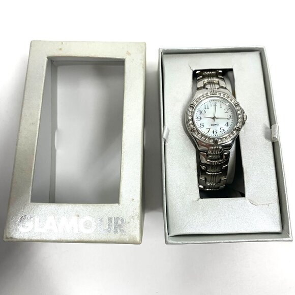 Glamour Bracelet Style Analog Watch With Crystals & Mother of Pearl Face Silver - Picture 3 of 13